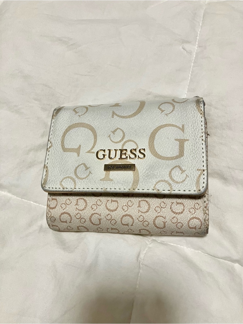 GUESS Two-Tone Logo Compact Wallet - Cream & Beige